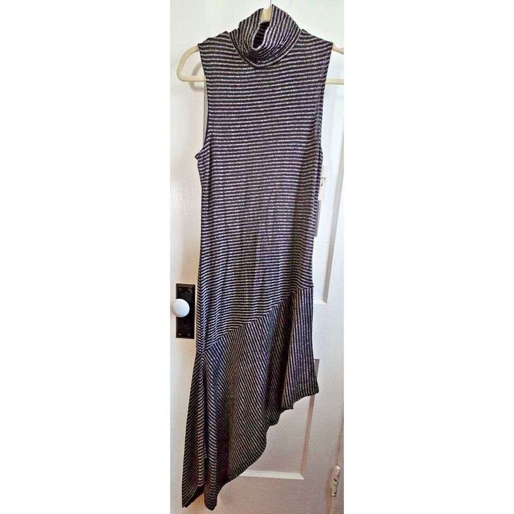 NWT T.D.C. tall neck metallic silver asymmetrical bodycon dress black Sz Medium